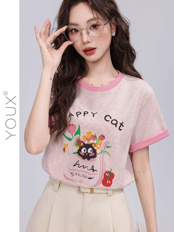 又巷【花束猫咪】粉色短袖2025夏新款通勤猫咪印花圆领宽松t恤女|undefined