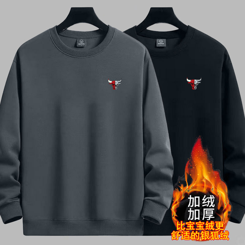 定制男士加绒卫衣秋冬圆领宽松加绒加厚无帽套头卫衣青年长袖卫衣