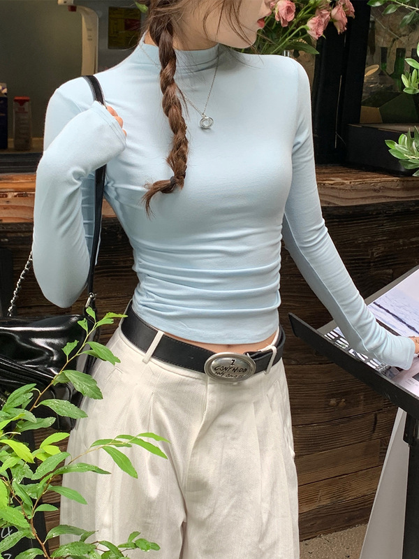 苏三三 蓝色半高领打底衫女秋冬高级感2025新款中领内搭修身上衣|undefined