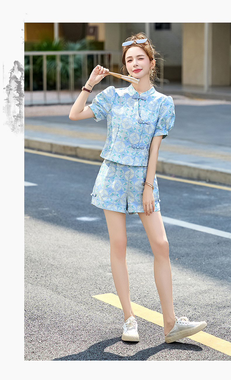 Bộ quần áo nữ mùa hè 2025 áo khoác jacquard quần short hai mảnh phong cách tân cổ điển — Màu xanh lục nhạt, Màu xanh lam, Màu đỏ chi tiết 33