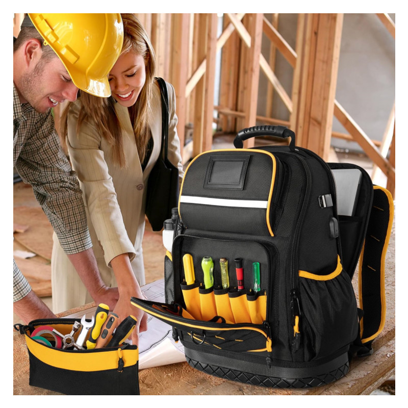 Mochilero de herramientas de tela Oxford con bolsa de herramientas de fondo duro Kit de herramientas pesado con múltiples bolsillos y funda para computadora portátil