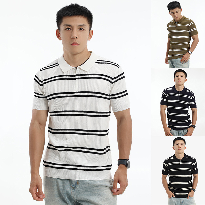 Camisas de polo de manga corta de vello de estilo de verano, camisetas de hielo con media cremallera a rayas, fábrica transfronteriza al por mayor