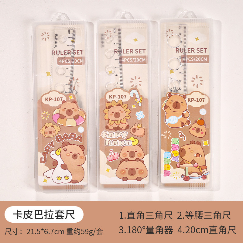 Juego de cuatro piezas de dibujos animados para estudiantes, regla de alto valor de 20cm, regla triangular, medidor de ángulo, juego de regla en caja al por mayor