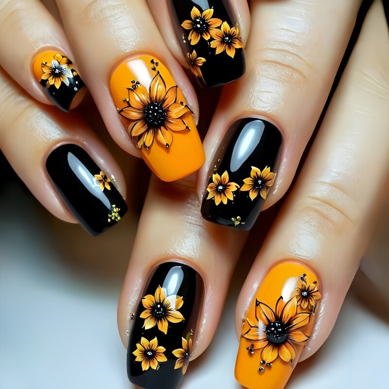 Cross-border Black Orange Contrast Nail Art European and American Wearable Nail Pieces Yellow Flower Decoration Short European Square False Nail TB-52 Cross-border Black Orange Contrast Nail Art European and American Wearable Nail Pieces Yellow Flower Decoration Short European Square False Nail TB-52