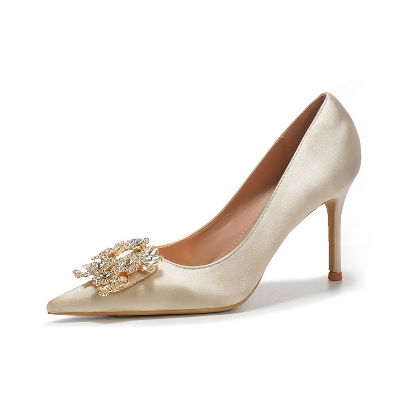 Champagne French satin wedding shoes with thin heels, pointed toes, shallow mouth, rhinestone square buckle high heels, bridal bridesmaid shoes