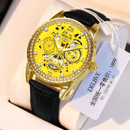 Fashionable luxury diamond waterproof belt calendar men's business hollow non-mechanical sports youth watch luminous