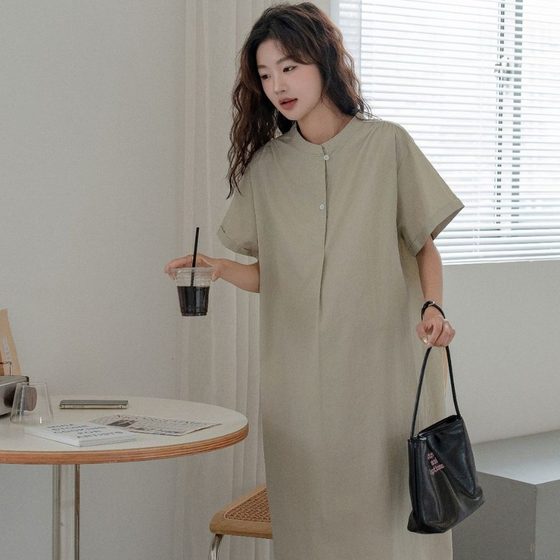 Summer Maternity Dress Fashion Half Buckle Pregnant Women's Vertical Collar Pregnant Women's Skirt Loose Cotton Long Pregnant Women's Dress Short Sleeve