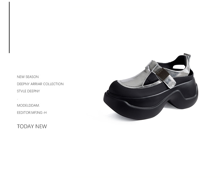 Sandal bít mũi đế dày da thật 2025 quai Velcro phong cách La Mã — Màu đen, Màu bạc chi tiết 9