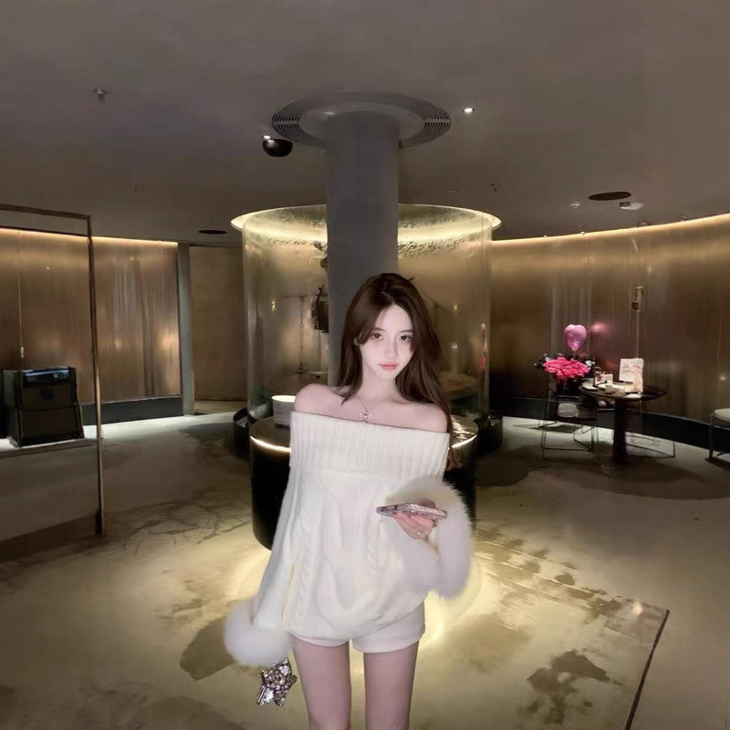 若语9/23M20:00新品乖乖女 多穿高领一字肩狐狸毛毛衣|undefined