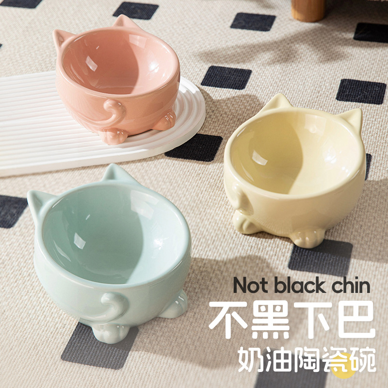 Tazón de arroz de cerámica para gatos Cuenco para gatos con patas altas y vértebras cervicales Tazón doble Tazón de protección de agua potable para gatos Tazón oblicuo para mascotas