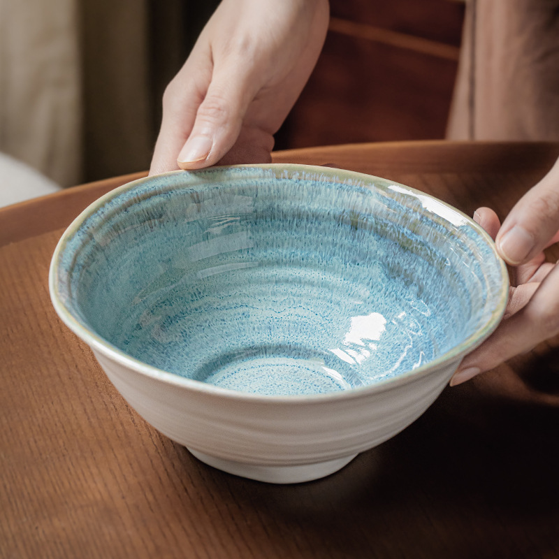 Yu Day Green de alto valor irregular horno de tazón de fideos de cerámica de tazón Douga característica de tazón de fideos de ramen retro exportación transfronteriza
