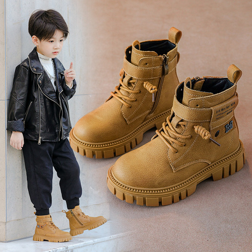 Boys' Martin boots 2024 autumn and winter new style British style children's small yellow boots soft sole non-slip little boy's cotton boots