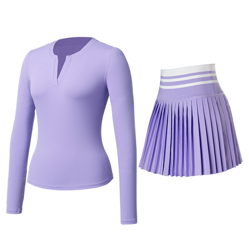 Trajes deportivos de otoño y invierno ropa de tenis ropa de yoga cuello V mangas largas anti-luz falda de tenis para correr camisetas deportivas