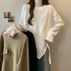 设计感口袋拼接宽松卫衣女2025秋季微胖大码遮肚子显瘦不规则上衣