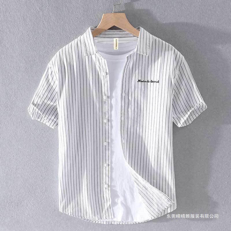 New Japanese-Style Striped Embroidered Turn-Down Collar Short-Sleeve Shirt for Men, Summer Thin Loose Casual Business Half-Sleeve Top