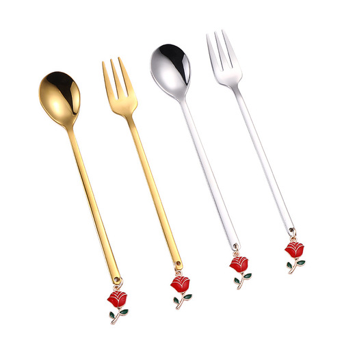 Stainless Steel Red Rose Fork and Spoon Set Gift Box Valentine's Day Gift Gold Spoons Wholesale High-Quality Coffee Spoons
