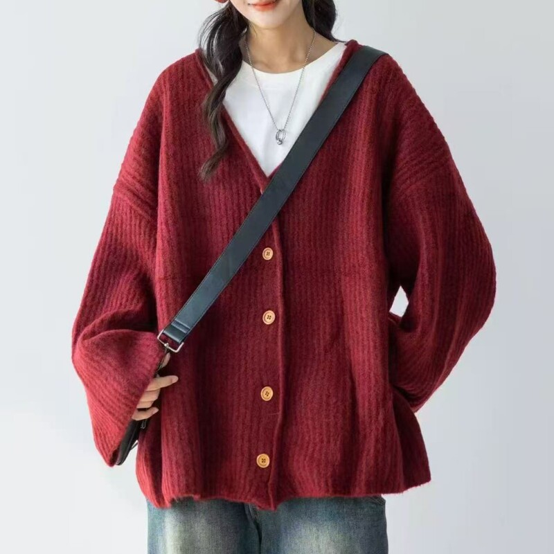 秋冬新款韩版学院风V领开衫毛衣女百搭大码慵懒宽松外套针织衫|undefined