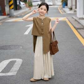 北疆狼女童套装夏款2026新款洋气学生童装女大童韩版宽松裤儿童两
