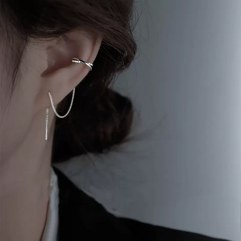 时尚几何两戴流苏个性耳饰长款ins潮港味网红闪钻交叉耳夹耳线女