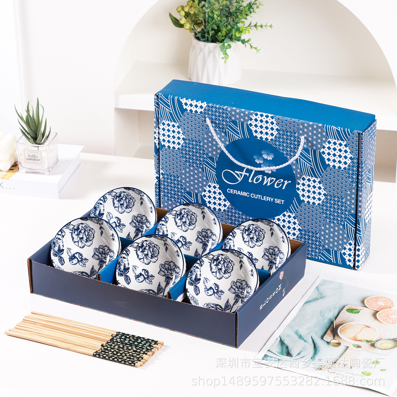 Regalo bohemio tazón de cerámica y palillos traje al por mayor tazón y plato traje hogar tazón de arroz vajilla conjunto tazón caja de regalo traje