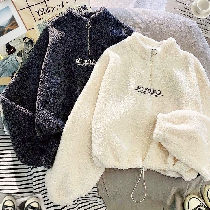 Lamb Velvet Short Half Turtleneck Sweatshirt for Women, Fashionable, Casual, Loose, Korean Style Autumn and Winter Zipper Top Jacket, Trendy