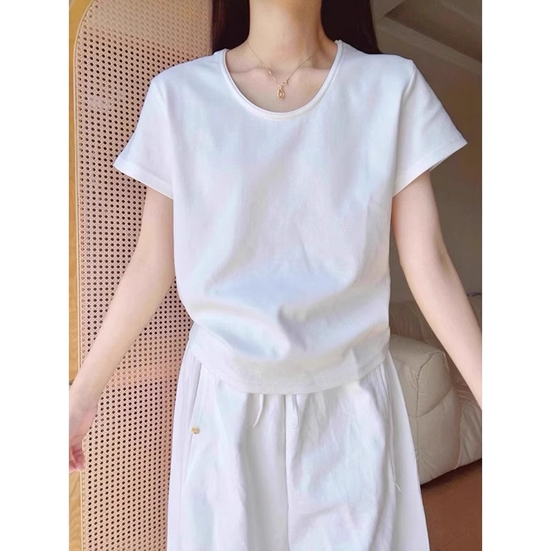 White U-Neck Simple and Versatile Pure Cotton Right Shoulder Short-Sleeved T-Shirt for Women 2025 Summer New Loose Inner Layering Top