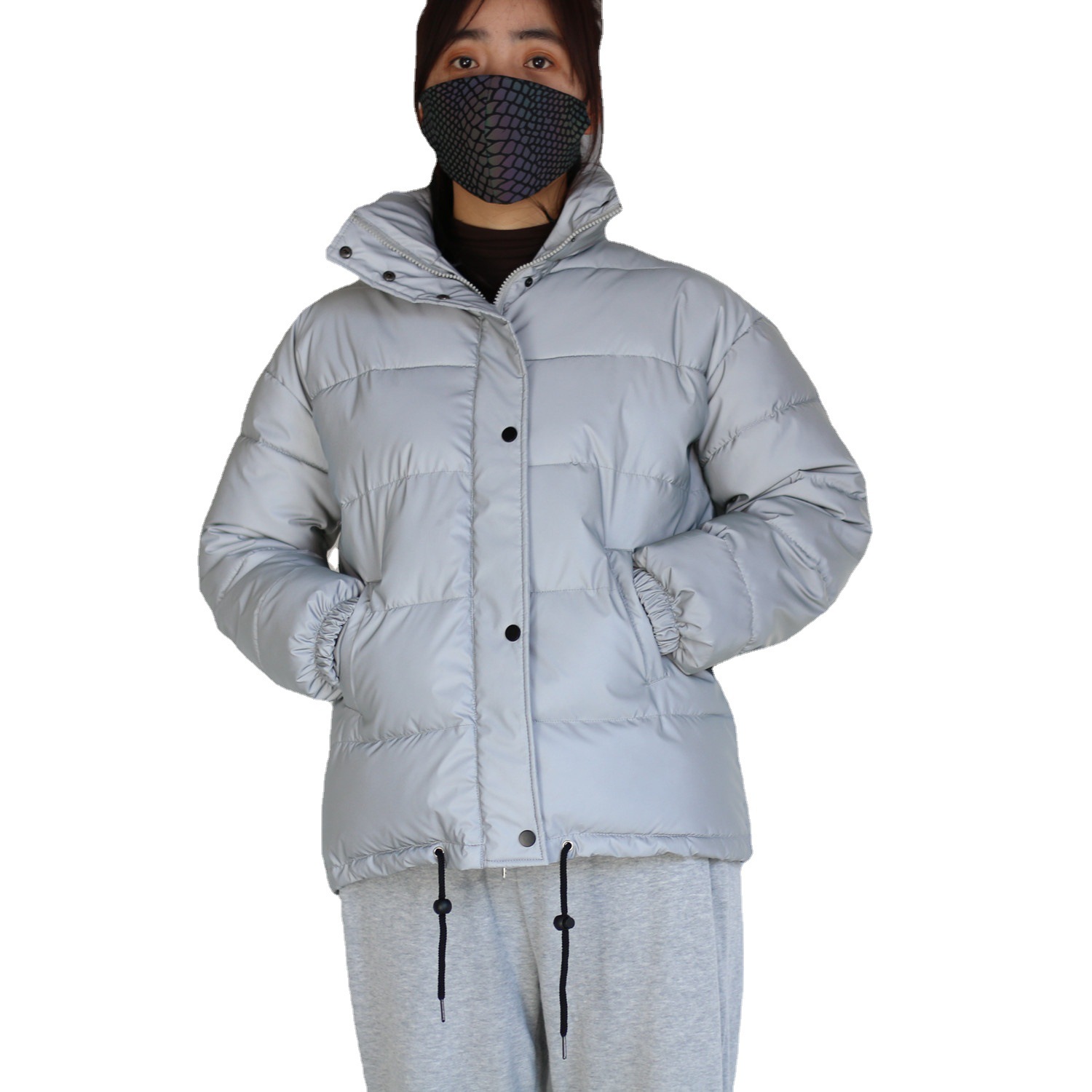 Men's Clothing stand collar reflective cotton coat for women fashion luminous thick cotton coat_voghion.com