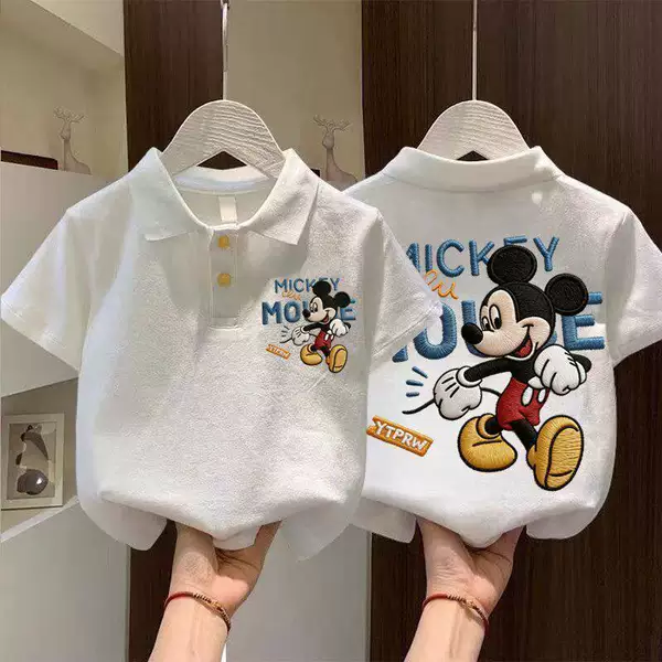 Cotton Boys' and Girls' Polo Shirts, Short-Sleeved Summer Korean-Style Cartoon Mickey T-Shirts, Stylish Collared Tops for Older Children