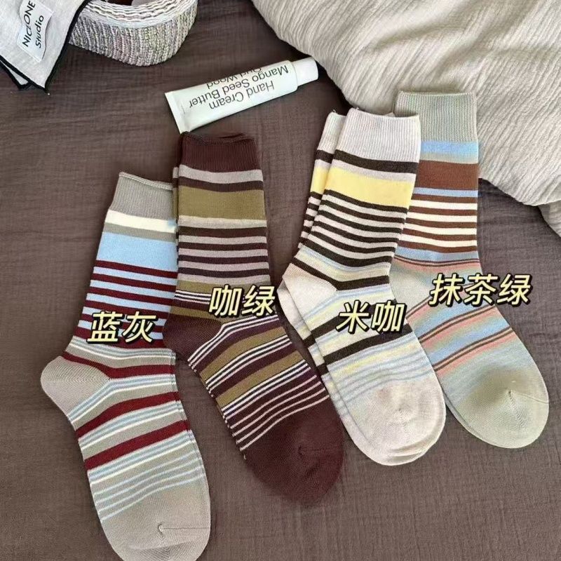 复古森系条纹袜子女中筒袜秋季款韩国ins潮百搭撞色长筒袜堆堆袜|undefined