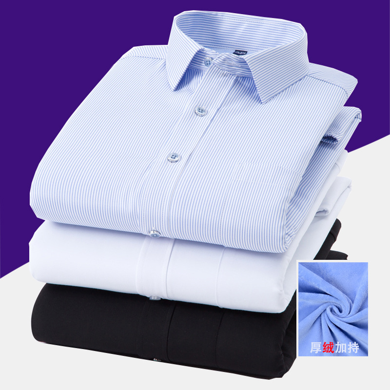 2023 winter new fleece-lined warm shirt men's long sleeve pure white tooling for work business casual pocket shirt