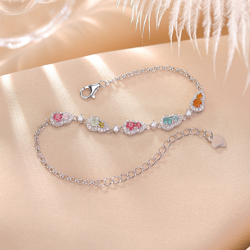 Vòng tay nữ bạc S925 mạ vàng hồng đính tourmaline nhiều màu phong cách Trung Quốc — Mẫu bạc (màu tourmaline là ngẫu nhiên)