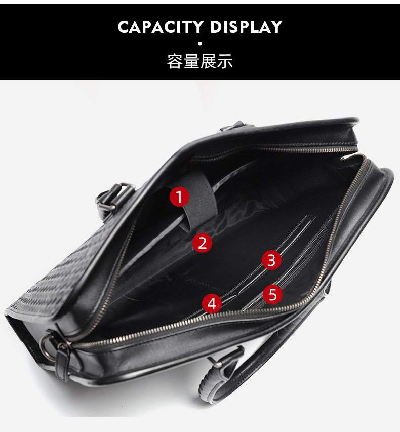 Túi xách nam da bò thật dệt tay cao cấp 40×13×29 cm, túi đeo vai công sở — Màu đen chi tiết 8