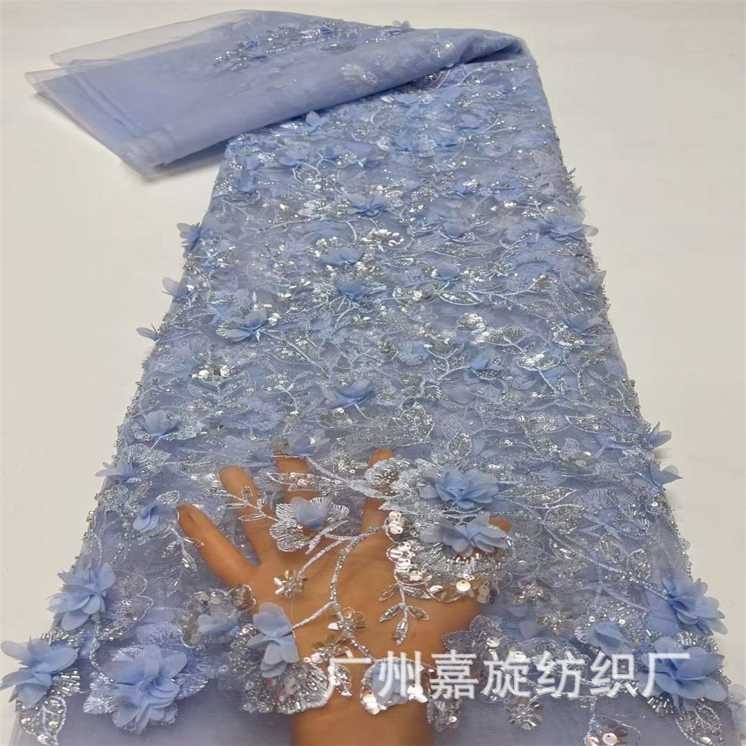 Inventario 3D industria pesada flores computadora tela bordada tela de rendimiento de escenario tela de prenda de cuentas tubo sequinilla tela bordada JX4306