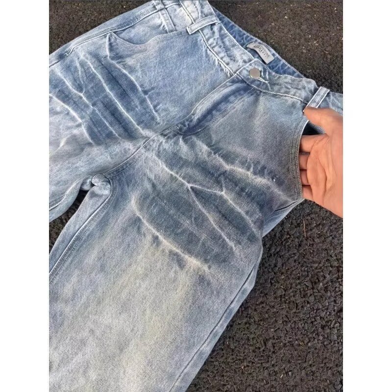 Men's Vintage Washed Blue Jeans with Lightning Bolt Pattern Midweight Straight Fit for Spring Autumn American Style Cool Edgy Streetwear_mkmklike.com