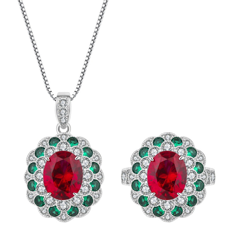 Zhuang Sheng joyería nueva S925 todo el cuerpo de plata de la vendimia de color a juego simulación paloma rojo sangre tesoro joyería traje de piedra principal 8*10