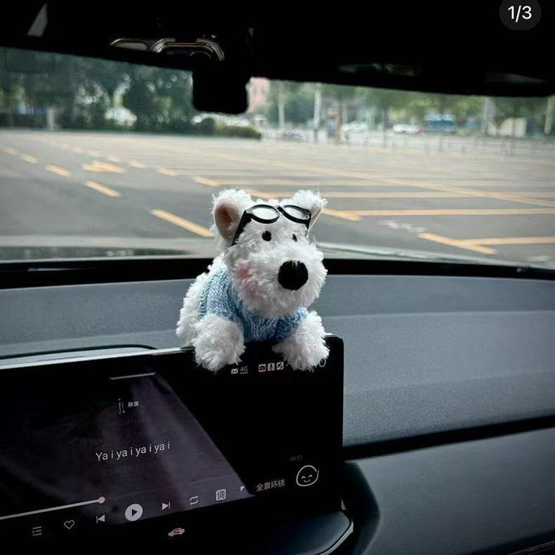Cute West Highland Puppy Car Central Control Screen Ornaments Plush Doll Car Decoration Car Interior Accessories