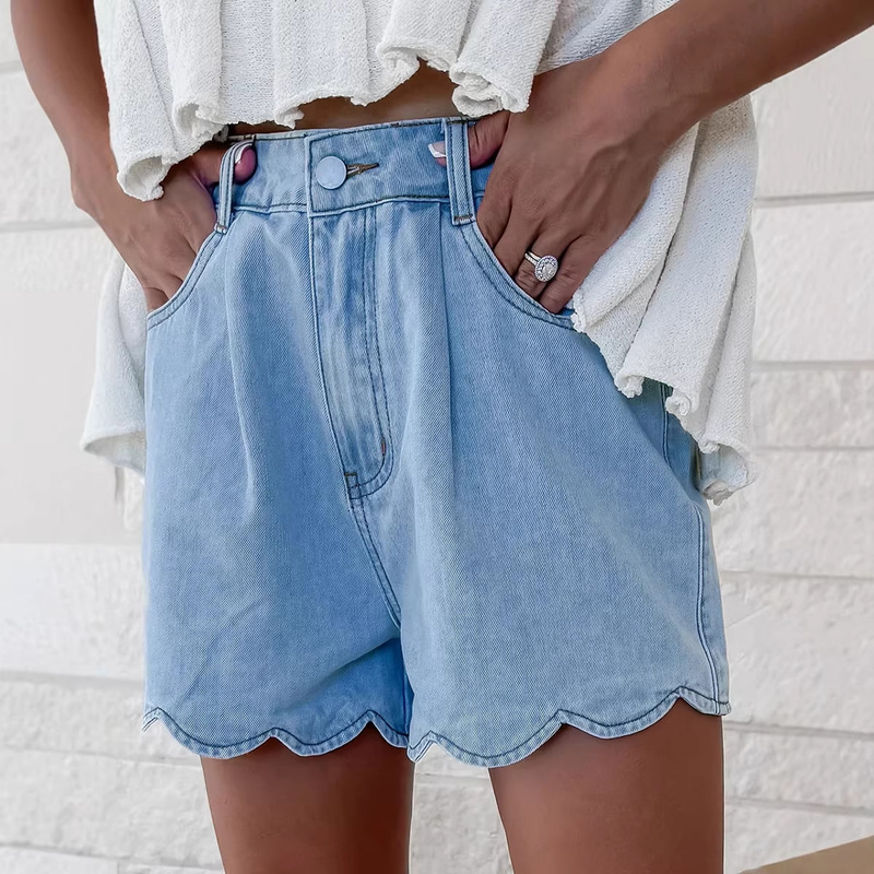 Independent Website Cross-Border Hot-Selling Summer New Solid Color Shorts for Women, European and American Casual Versatile Ruffled Denim Shorts for Women
