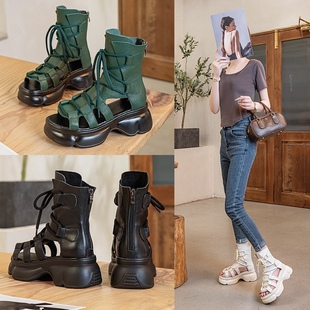 First Layer Cowhide 2025 Fashionable Thick-Soled Roman Hollow Trendy Casual Women's Sandals