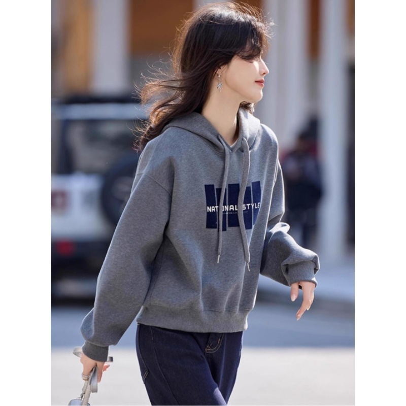 灰色抽绳印花连帽卫衣女春装2025新款宽松休闲帽衫小个子上衣|undefined