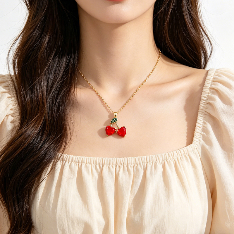 Elegant Red Cherry Necklace In Titanium Steel With Full Diamonds_voghion.com
