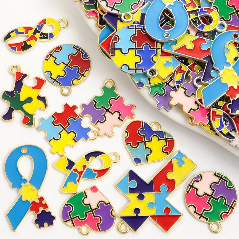 Cross-border foreign trade Autism Autism heart-shaped color puzzle alloy oil drop pendant DIY jewelry accessories