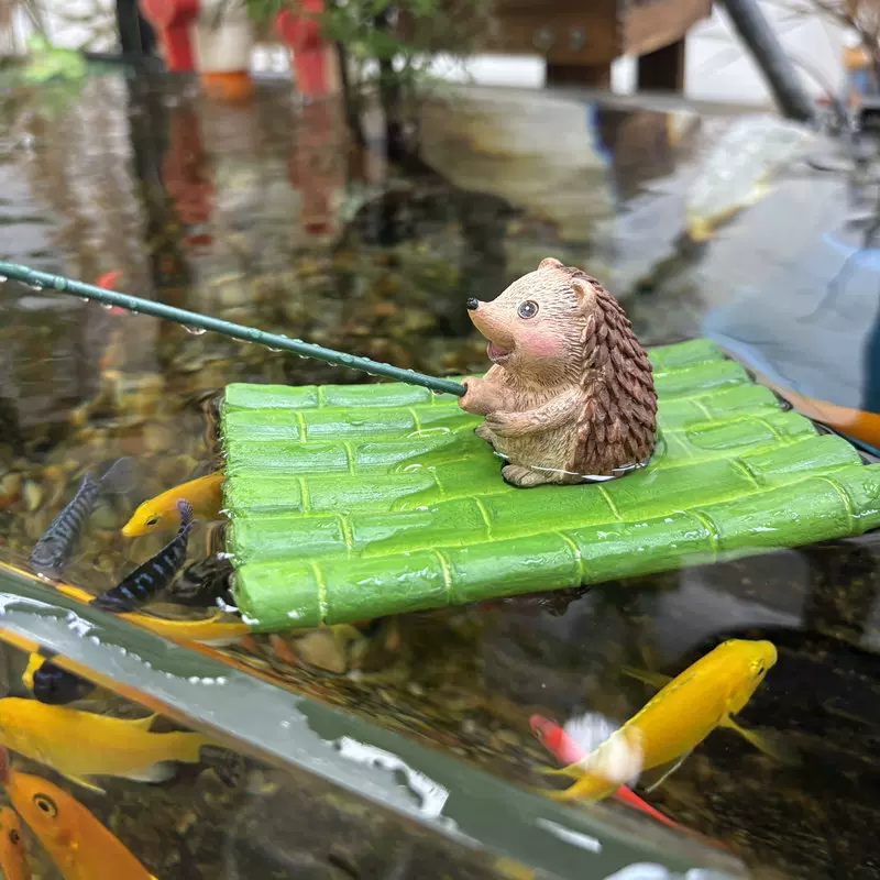 创意刺猬钓鱼摆件花园庭院造景园林假山流水鱼缸水族箱装饰小摆件