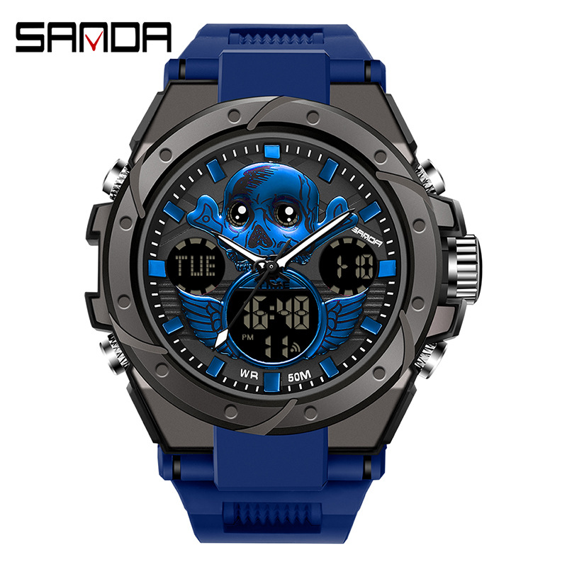 Sanda 6087 reloj electrónico multifunción luminoso impermeable fresco cráneo alas hombres reloj de moda