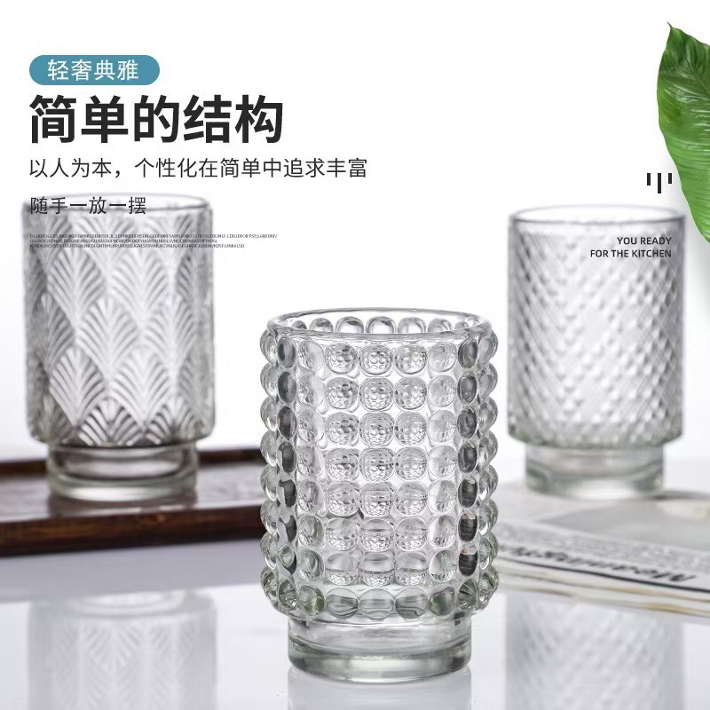 Glas de vela transparente engrosada en relieve candelabro de incienso hecha por sí mismo vasos de vela DIY recipiente de cera de boca grande adornos candelabro