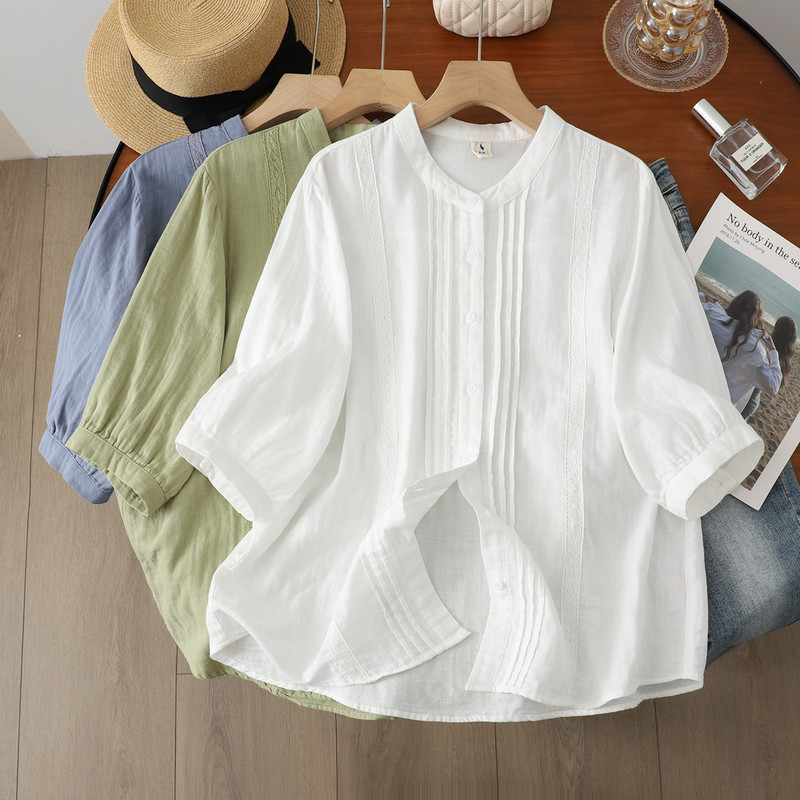 2653 Elegant Stand-Up Collar Lace Pleated Cotton Gauze Mid-Sleeve Shirt for Women, 2026 Summer New Slim-Fit Top