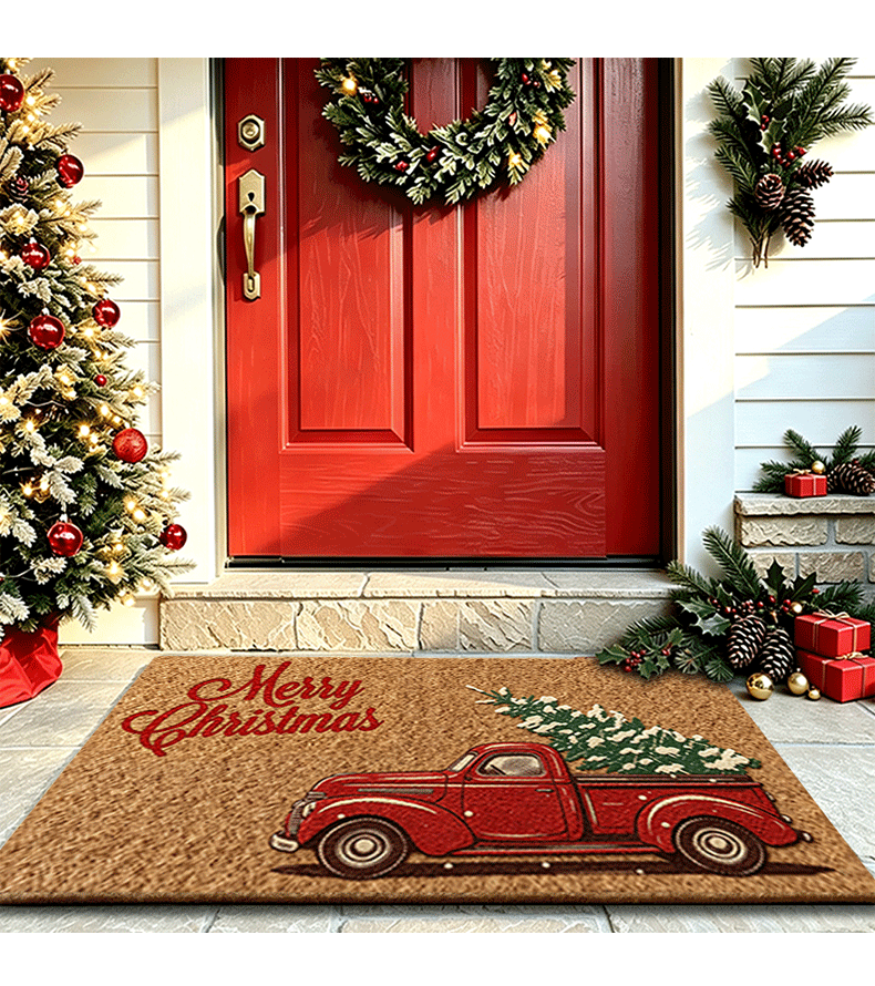 Imitation coconut palm floor mat set, color-woven plaid cotton kitchen absorbent doormat, Christmas style entrance mat for scraping off dirt