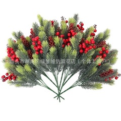 Temu热卖跨境人造松柏支红浆果绿植组合圣诞松针家居餐桌插花装饰