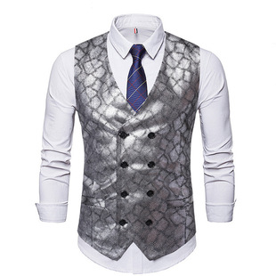 Cross-border Autumn New Men's Fashion Bronzing Printed Suit Vest Men's Casual Double-breasted Vest Men's Coat