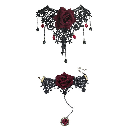 Eurasian Cross-border Retro Black Lace Rose Necklace Bracelet Ring Set for Women Dark Style Choker Jewelry
