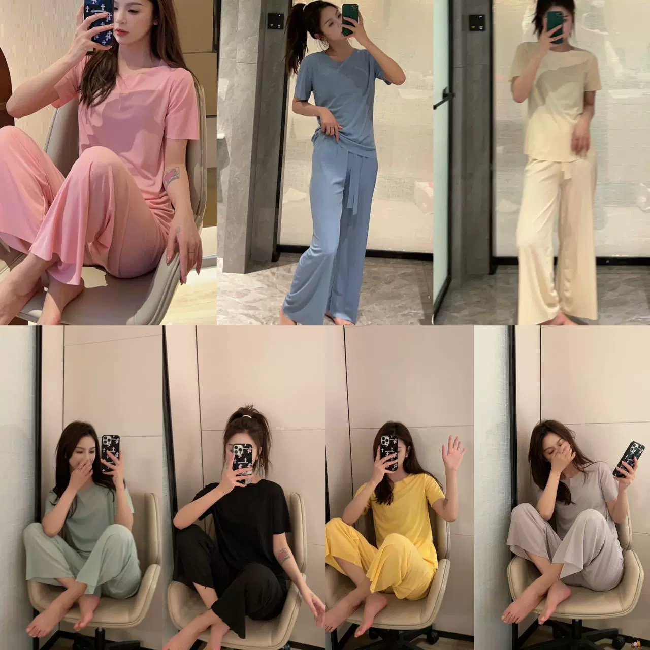 套装2023夏装新款冰丝短袖阔腿裤休闲女时尚睡衣家居服气质通勤